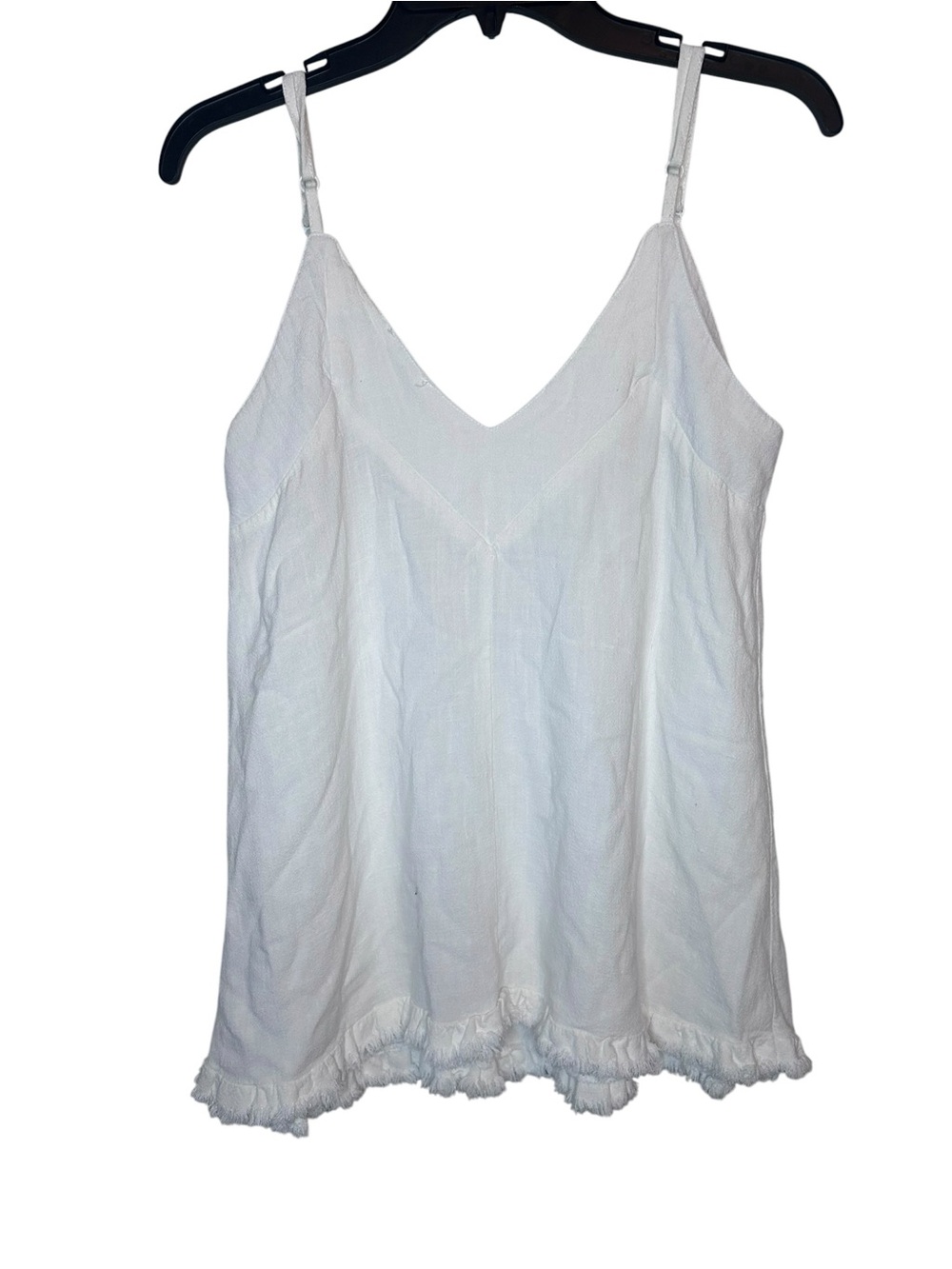 Umgee White Linen Spaghetti Strap Tank with Fringe Hem- Cotton/Linen Blend - Picture 4 of 7
